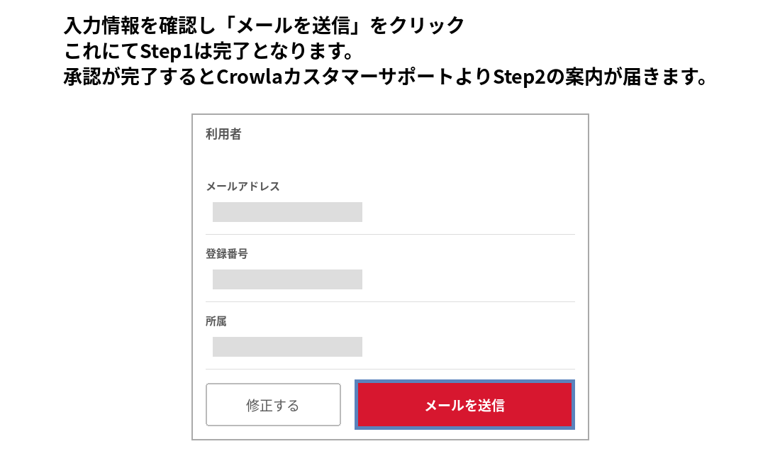 利用者情報の確認画面でメールを送信ボタンが青枠で示されている